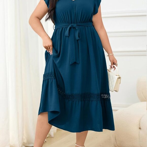 Women Plus Size Summer Maxi Dress V Neck Cap Sleeves Casual Formal - Picture 5 of 6